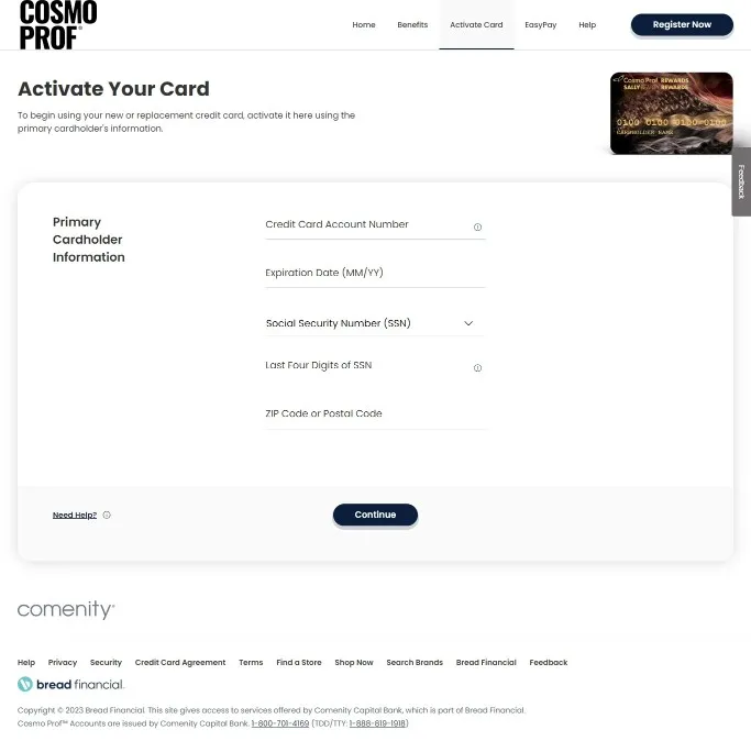 Cosmoprof Credit Card Activation Page with Form