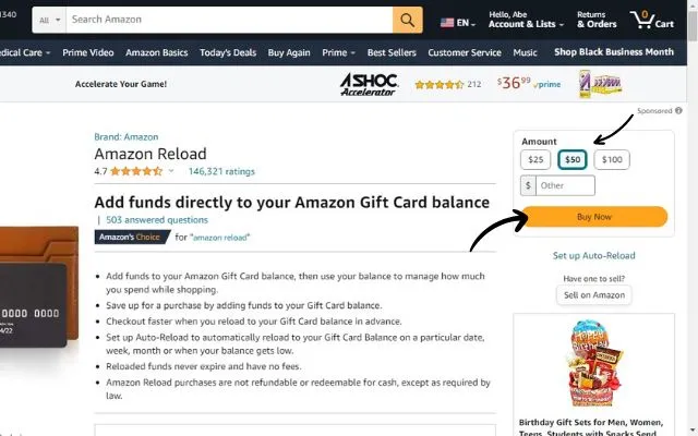 Amazon Gift Card Balance Reload Purchase Page