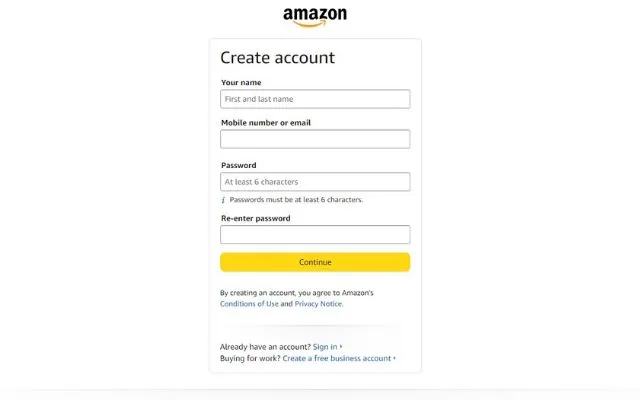 Amazon Sign Up Page