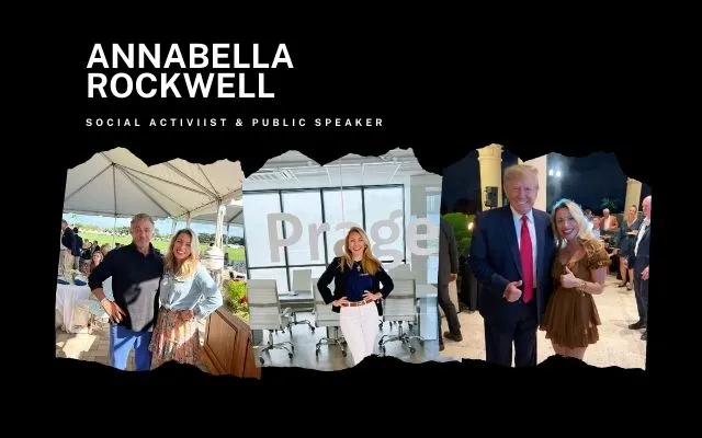 Collage of Annabella Rockwell with Donald Trump, Sylvester Stallone and standing in front of the PragerU office