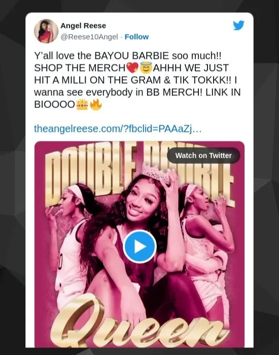 Angel Reese promoting her brand Bayou Barbie and selling merchandise