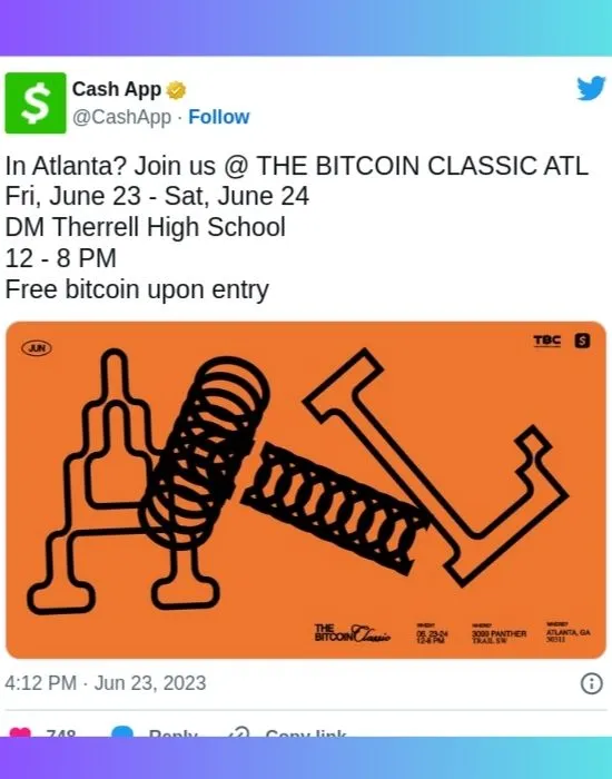 Cash App Post announcing the Bitcoin Classic ATL Event