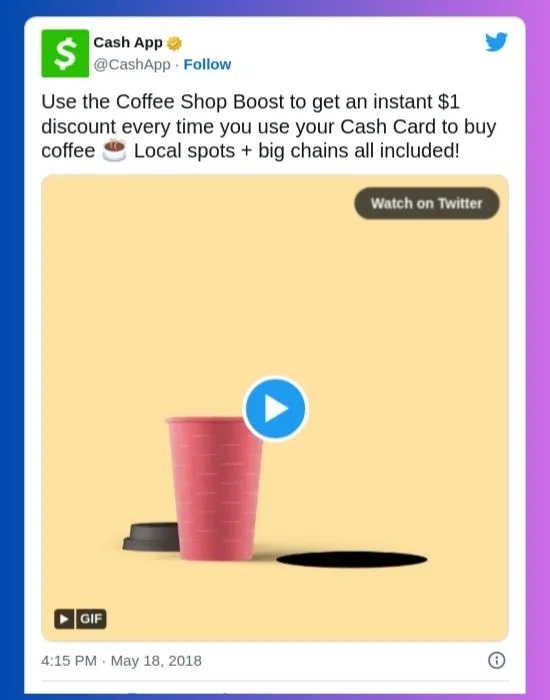 Cash App Post promoting the Coffee Shop Boost