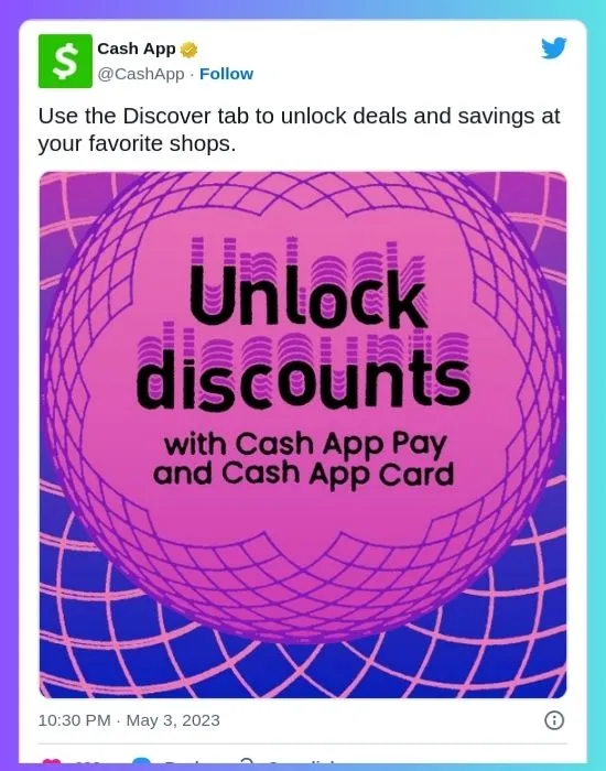 Cash App Post showcasing the new discounts available with Cash App Pay and Cash App Card