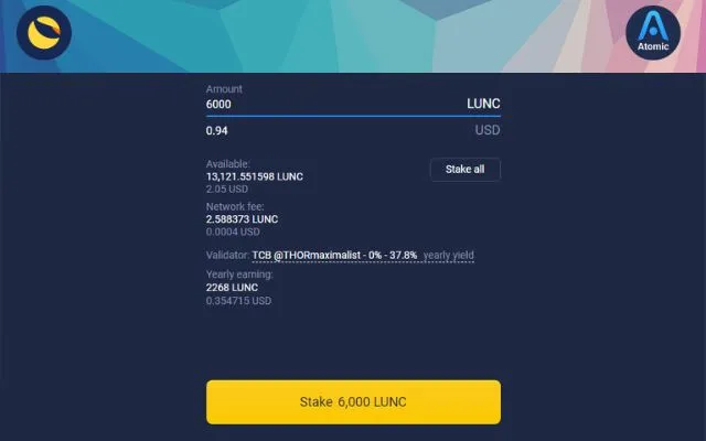 How To Stake LUNC Process Showing the Option to Stake 6000 LUNC Tokens