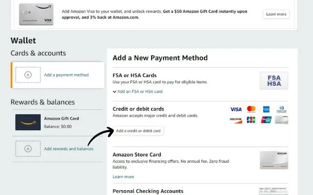 Page with Add a Credit or Debit Card Option