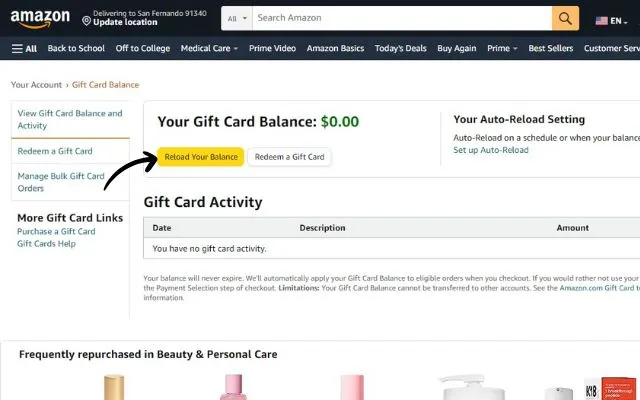 Reload Your Balance Page of Amazon Gift Card