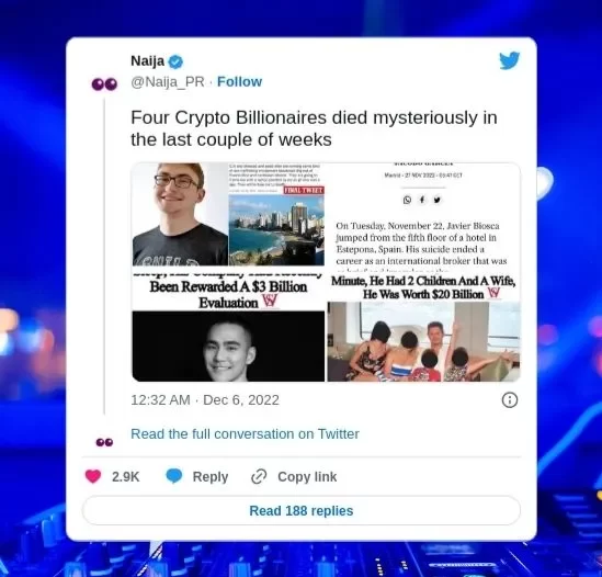Tweet by Naija About Four Crypto Billionaires Dying Mysteriously