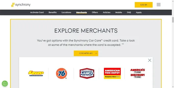 Synchrony Merchants AAMCO Card Explore All Dropdown Menu
