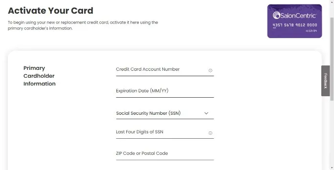 Salon Centric Credit Card Activation Page with Form