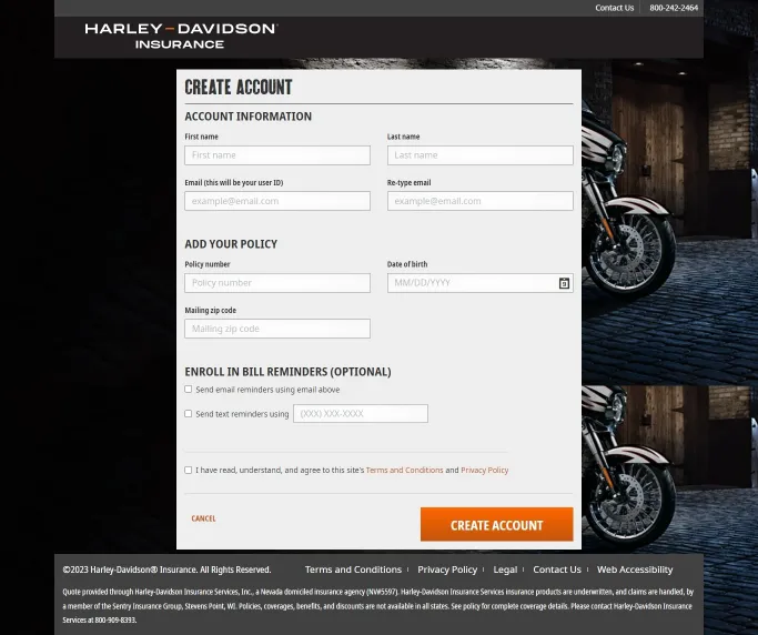 Harley Davidson Insurance Create an Account Page