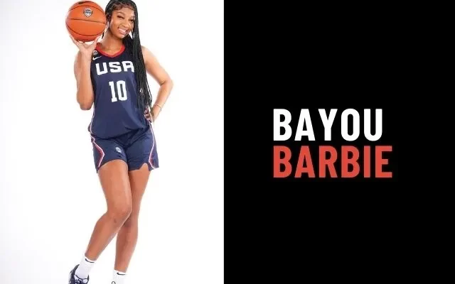 Angel Reese AKA Bayou Barbie Posing in USA Basketball Uniform with a Basketball in Hand