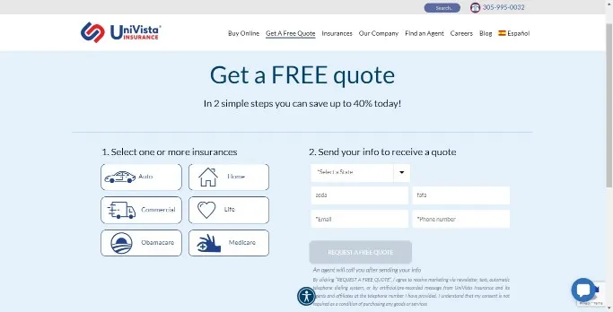 UniVista Insurance Free Quotation Page with Form