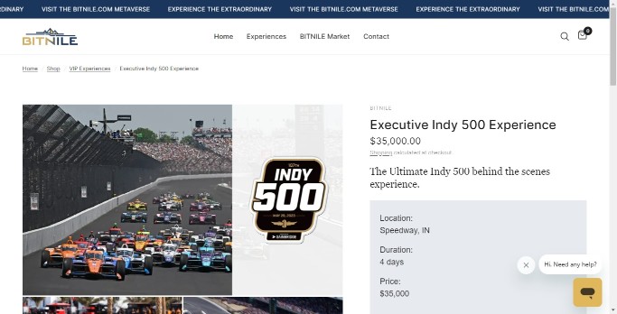 BitNile Experiences Page Displaying the Executive Indy 500 Experience
