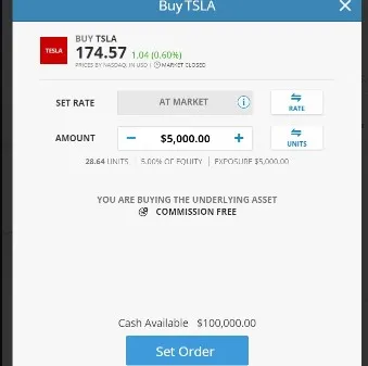 A Page Displaying the Option to Buy Tesla Stock on eToro Platform at Market Rate
