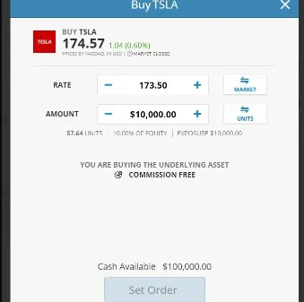 A Page Displaying the Option to Buy Tesla Stock on eToro at Variable Rate 