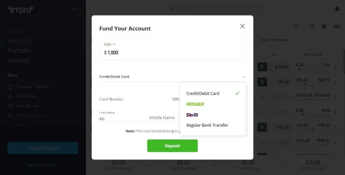 A Pop Displaying the Payment Options on eToro Platform