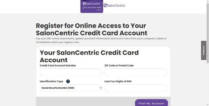 Salon Centric Credit Card Registration Page with Form