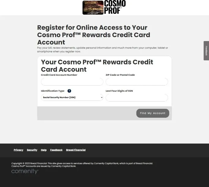 Cosmoprof Credit Card Registration Page with Form for Online Access to Account