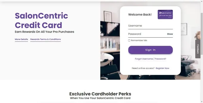 Salon Centric Credit Card Sign In Page
