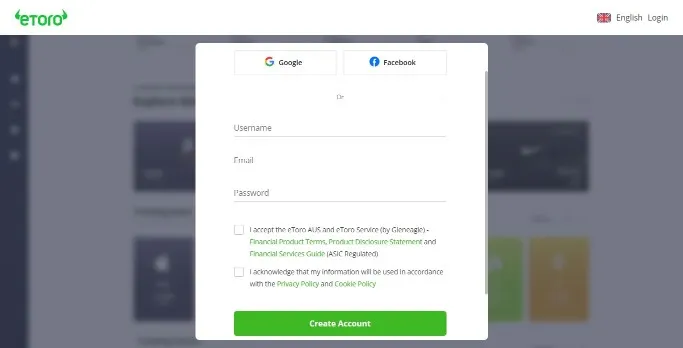 eToro Signup page with form having option to sign up with Facebook and Google Accounts