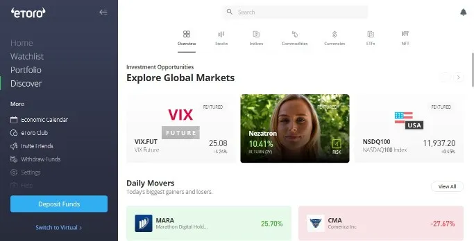 Switch to Virtual Option on the Left Navigation Panel from eToro Dashboard