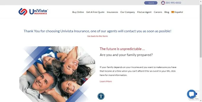 UniVista Insurance Form Completion Thank You Page