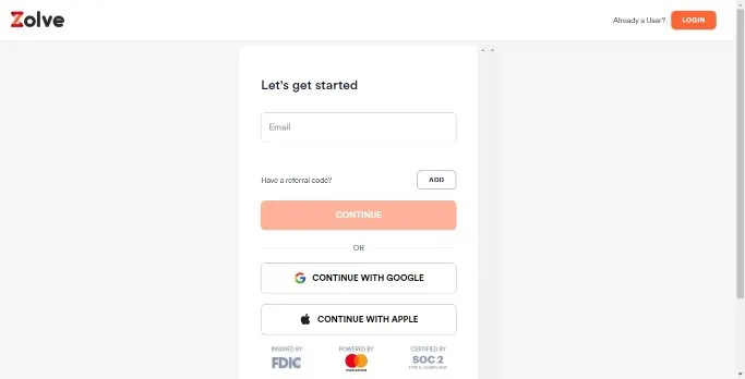 Zolve Credit Card Sign Up Page